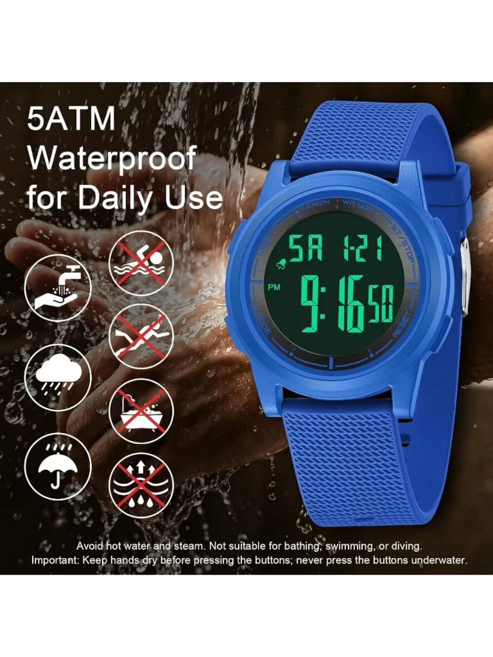 Men's Blue Black Digital Ultra Thin Sports Waterproof Silicone Band Wrist Watch